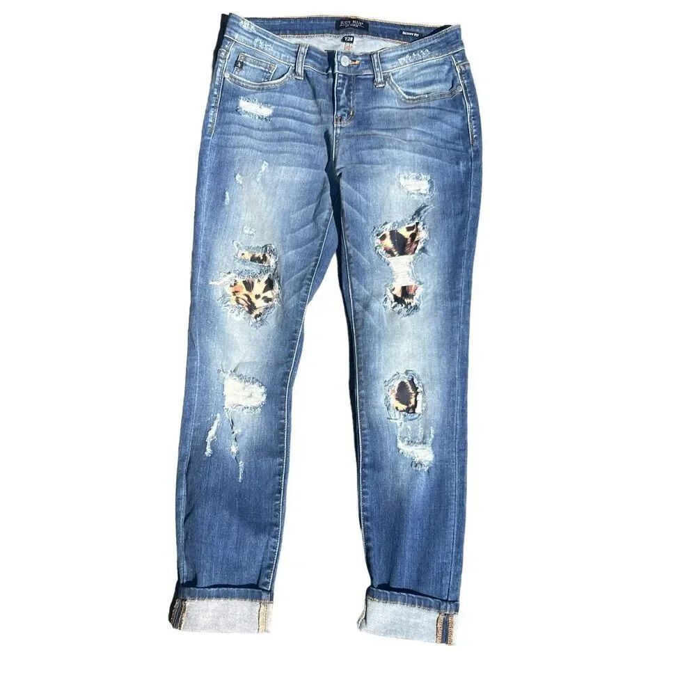 Judy Blue Jeans Skinny Fit 7/28 Stretch Distressed Leopard Patch Mid Rise Denim